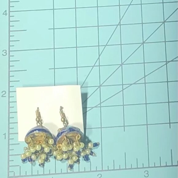 Vintage Jhumka Chandelier Earrings Half Sphere Enamel Beaded Tassels Blue/Gold $ - Picture 8 of 8